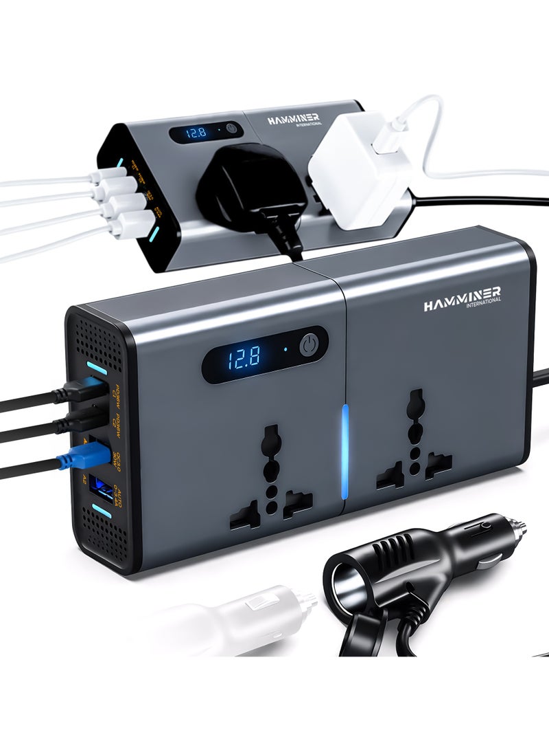 HAMMINER 200W Car Power Inverter DC 12V To 220V AC Car Inverter With 2 USB & 2 Type-C & 2 AC Outlets For Laptop Car Plug Adapter Car Power Inverter Car Charger Fast Charger LED Display Cigarette Lighter Connector, Perfect For Cars, SUVs & Trucks - Image 1